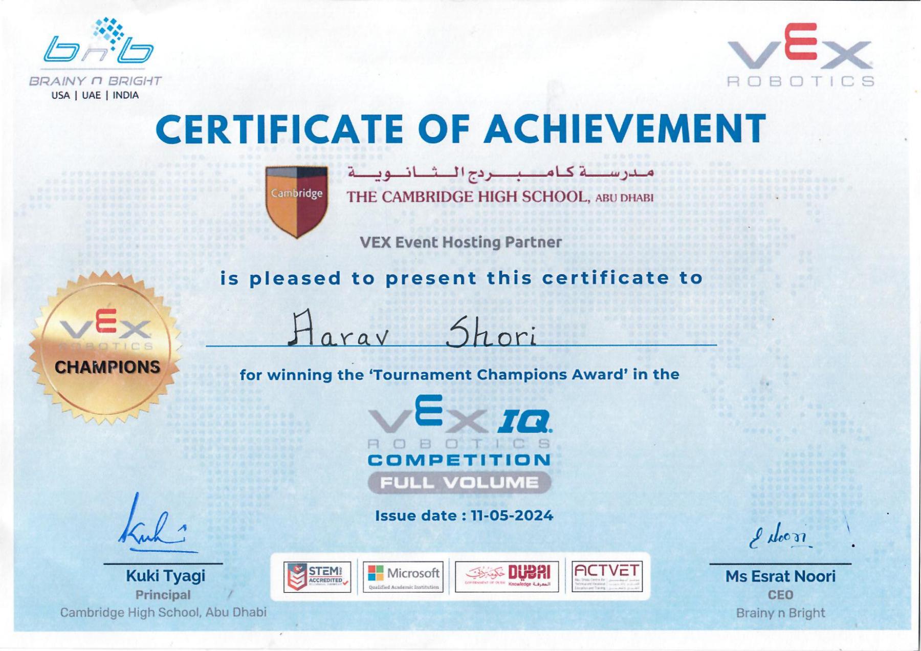 VEX IQ Tournament Champions certificate